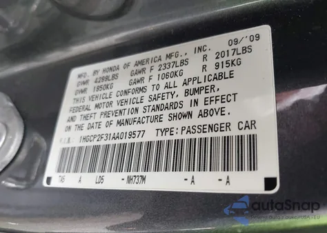 2010 Honda Accord 2.4 Lx из США, поврежденный, VIN 1HGCP2F31AA019577